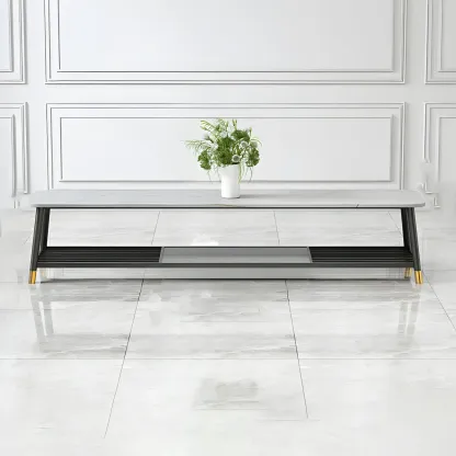 Minimalist Stone TV Stand with Open Shelving for Living Room Image - 11