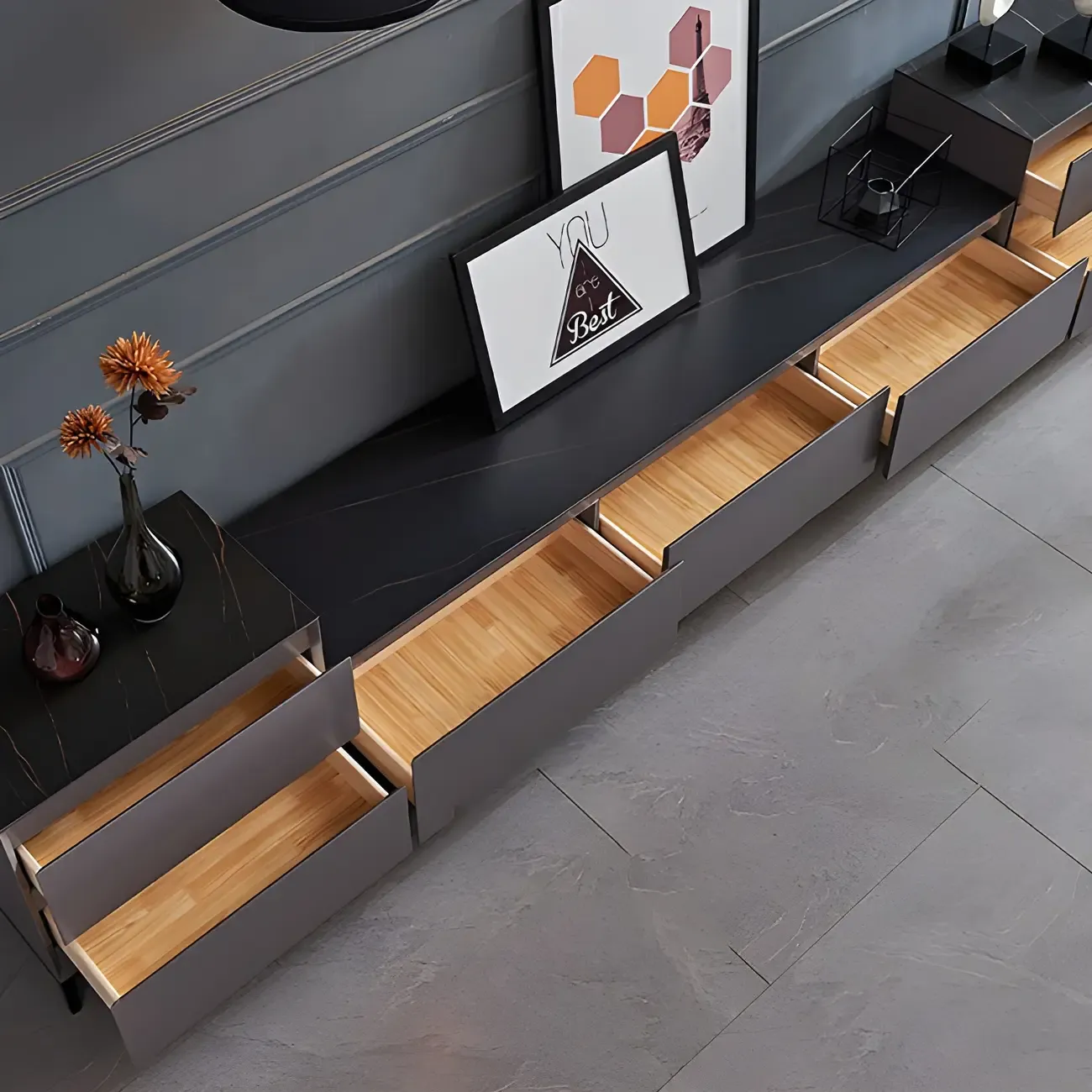 Elegant Stone TV Stand with Enclosed Storage for Living Room Image - 9
