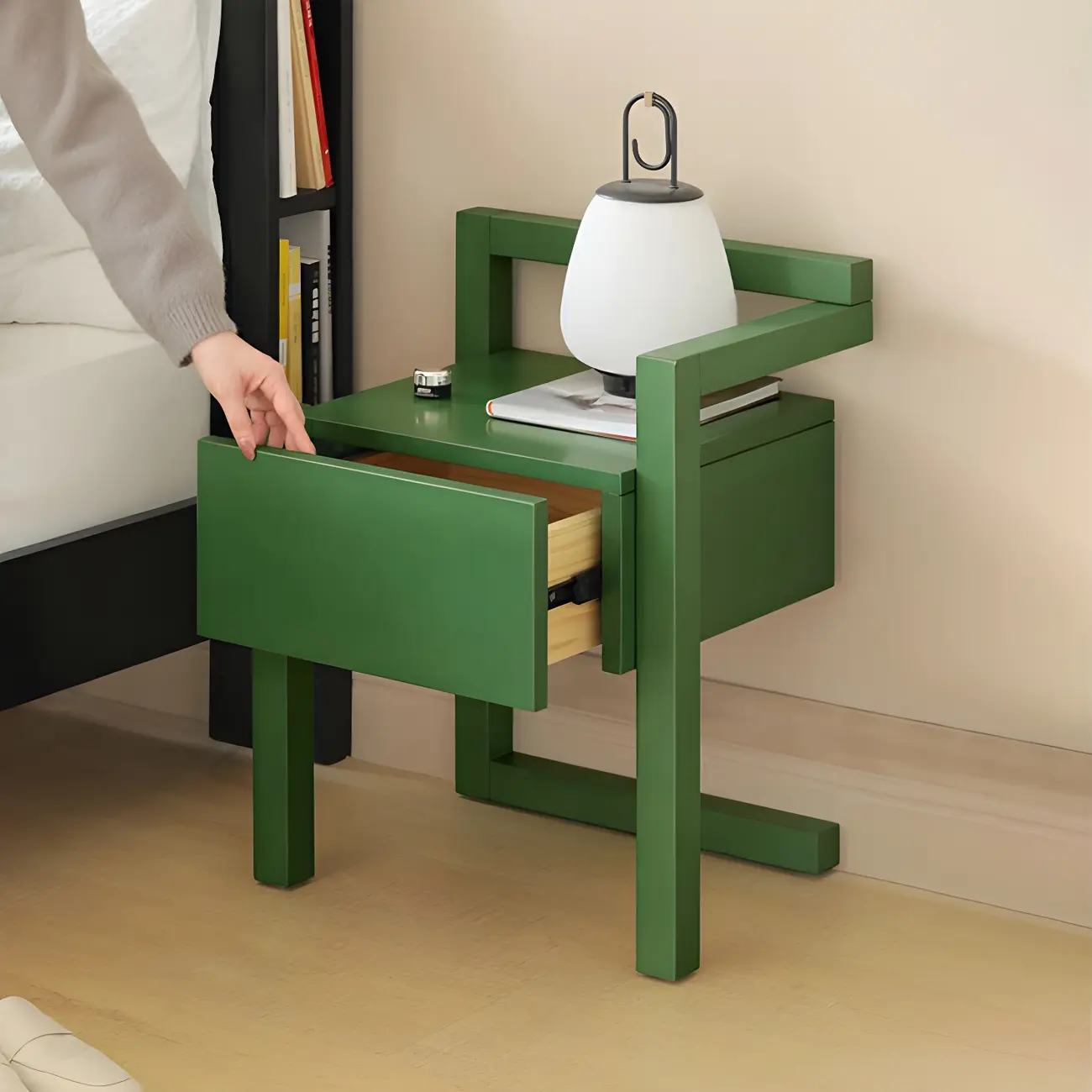 Green Wooden 1 Drawer Narrow Bedroom Nightstand Image - 2 | homeyfad