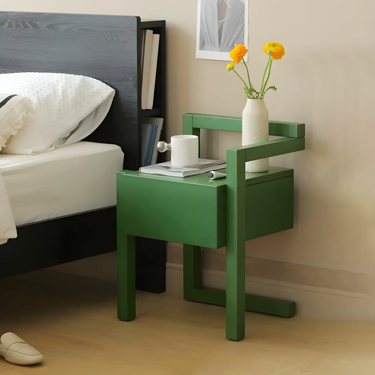 Green Wooden 1 Drawer Narrow Bedroom Nightstand Image - 1 | homeyfad
