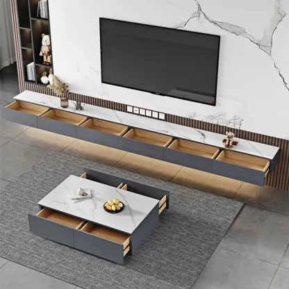 Modern Grey Stone Mueble Flotante Para TV Stand with Drawers Image - 4