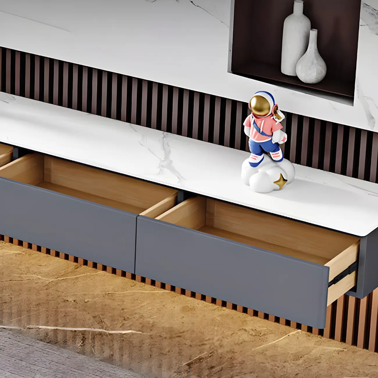 Modern Grey Stone Mueble Flotante Para TV Stand with Drawers Image - 8 | homeyfad