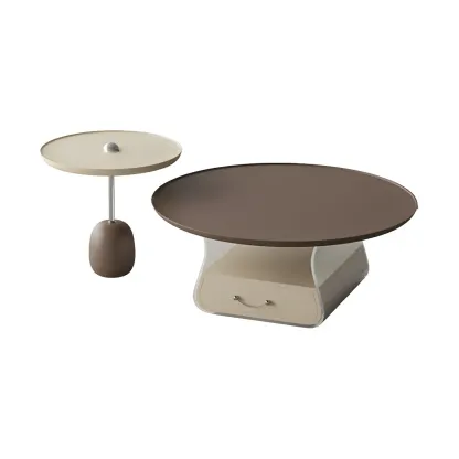 Elegant Brown Beige Round Modern Wood Drawer Coffee Table Image - 7
