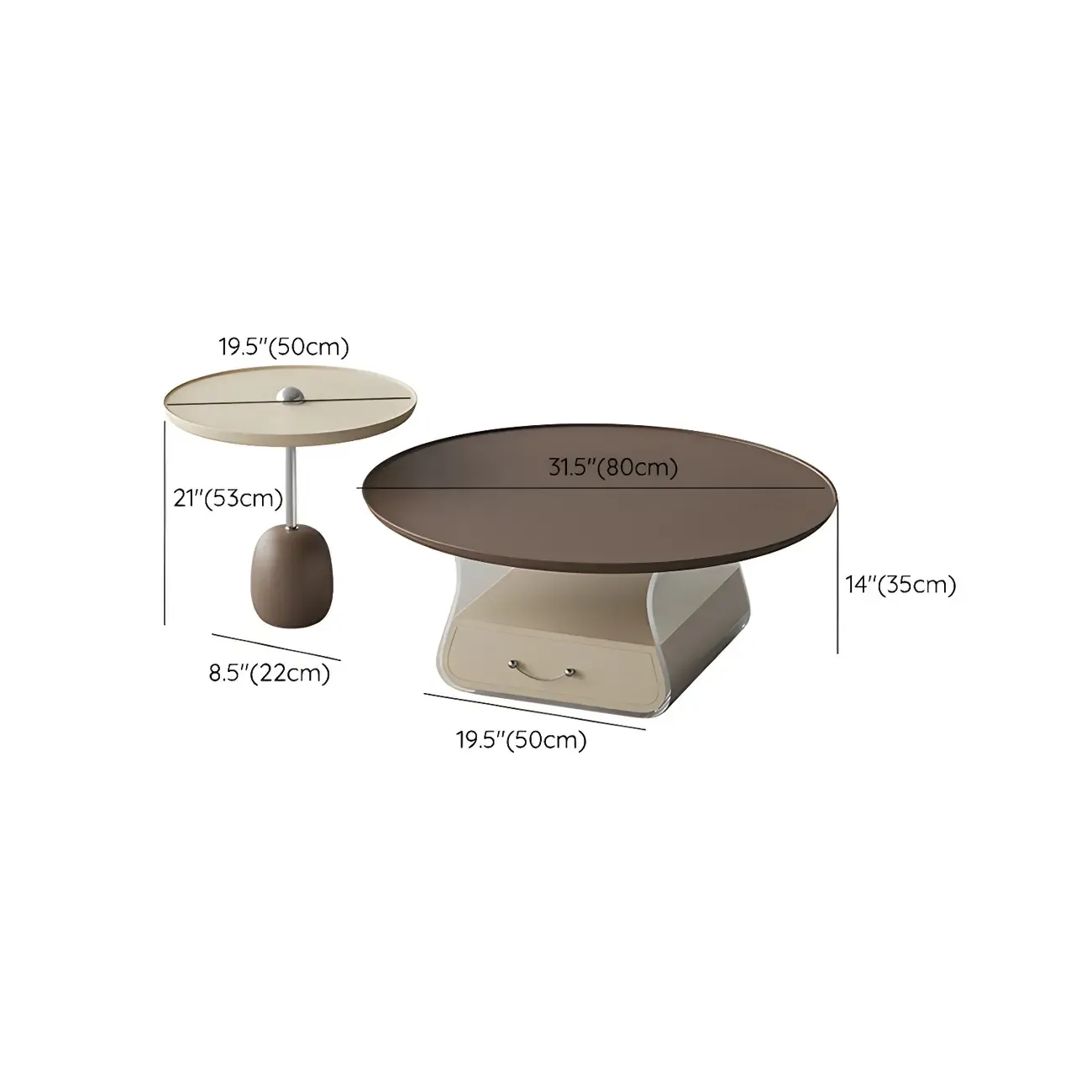 Elegant Brown Beige Round Modern Wood Drawer Coffee Table Image - 12