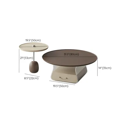 Elegant Brown Beige Round Modern Wood Drawer Coffee Table Image - 12