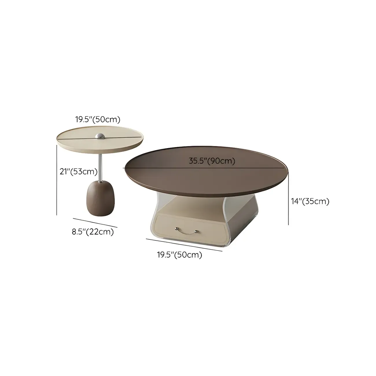 Elegant Brown Beige Round Modern Wood Drawer Coffee Table Image - 13