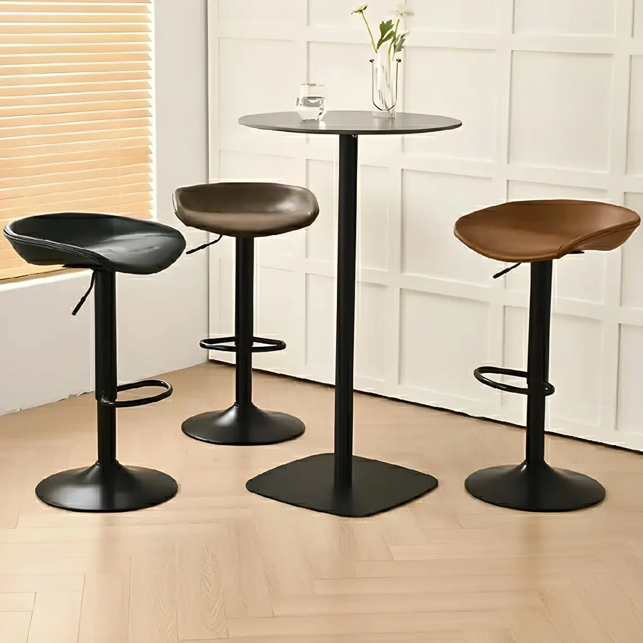 Modern Leather Black Pedestal Swivel Adjustable Bar Stool Image - 4 | homeyfad