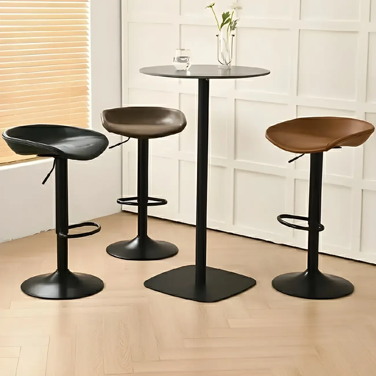 Modern Leather Black Pedestal Swivel Adjustable Bar Stool Image - 4