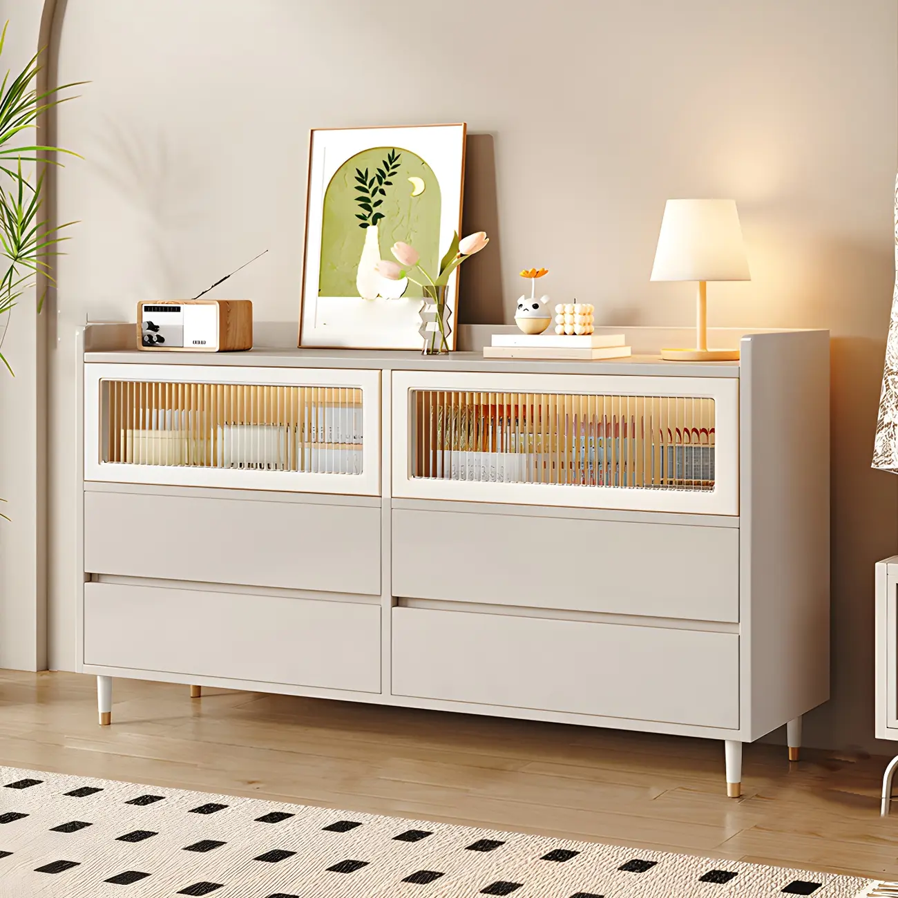 Elegant White Wooden Double Dresser with Cabinets & Drawers Image - 2 | homeyfad