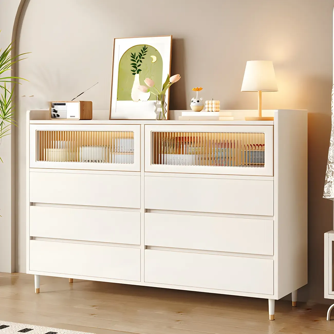 Elegant White Wooden Double Dresser with Cabinets & Drawers Image - 3