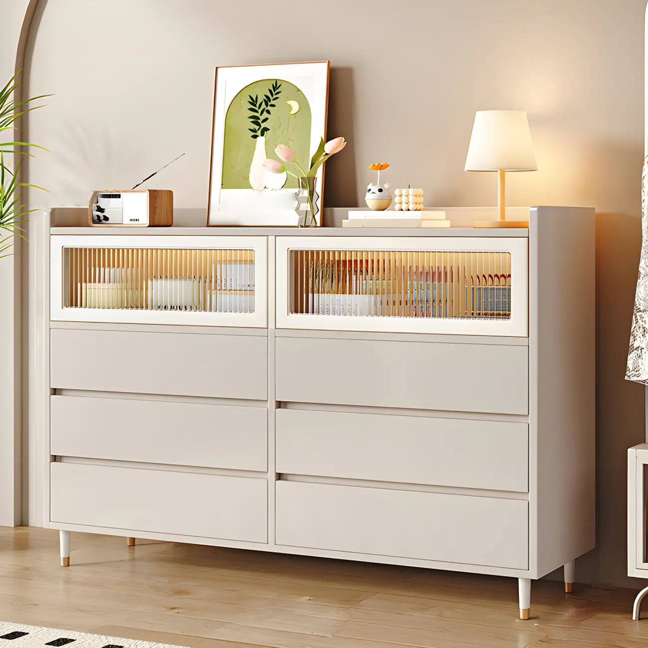 Elegant White Wooden Double Dresser with Cabinets & Drawers Image - 4 | homeyfad