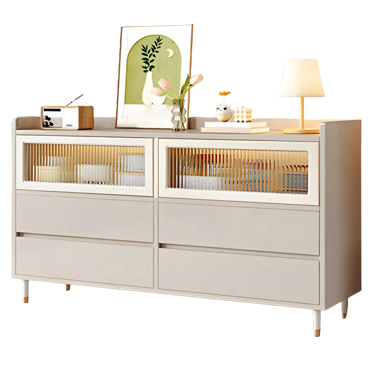 Elegant White Wooden Double Dresser with Cabinets & Drawers Image - 5