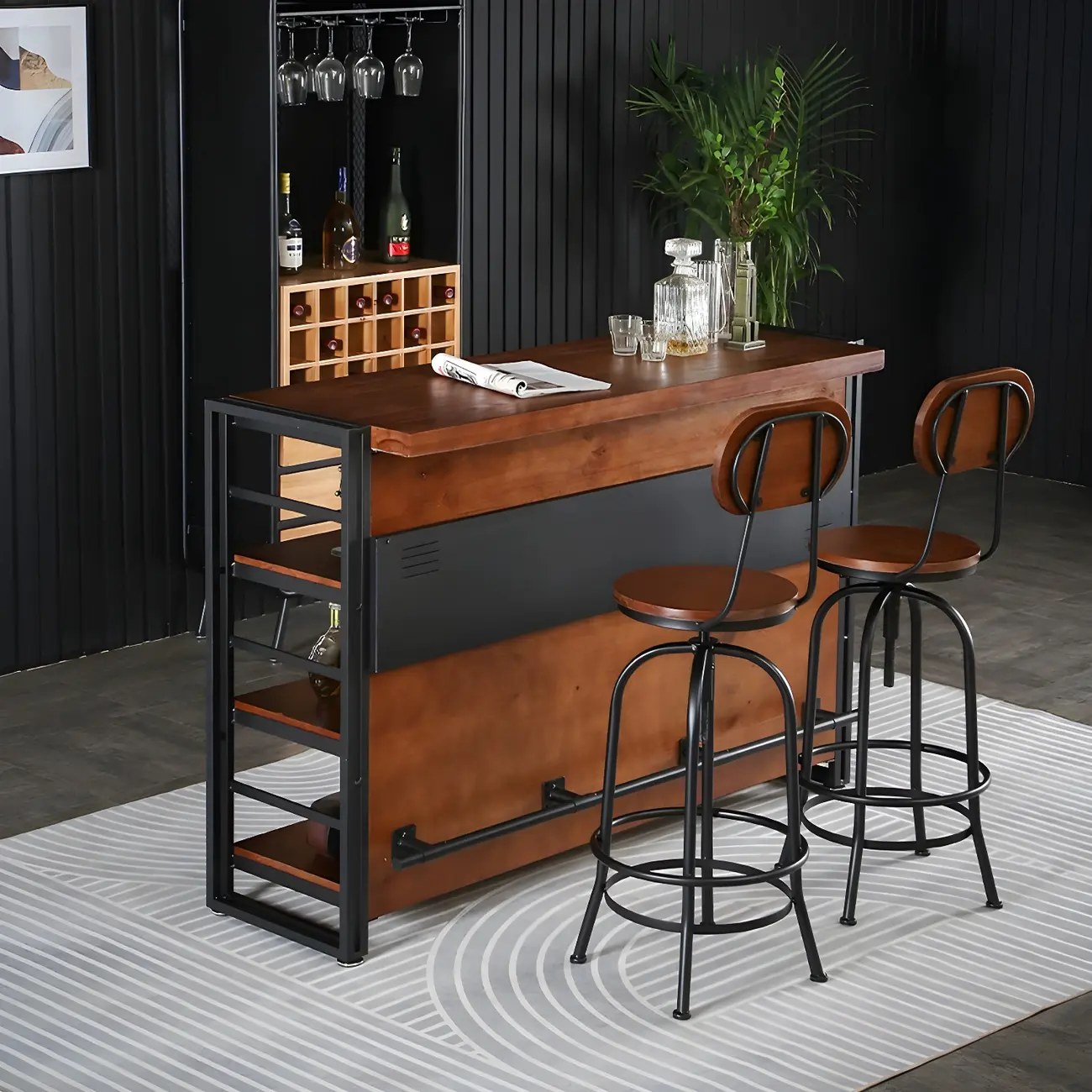 Industrial Brown Wooden Metal Shelf Storage Bar Tables Image - 2 | homeyfad