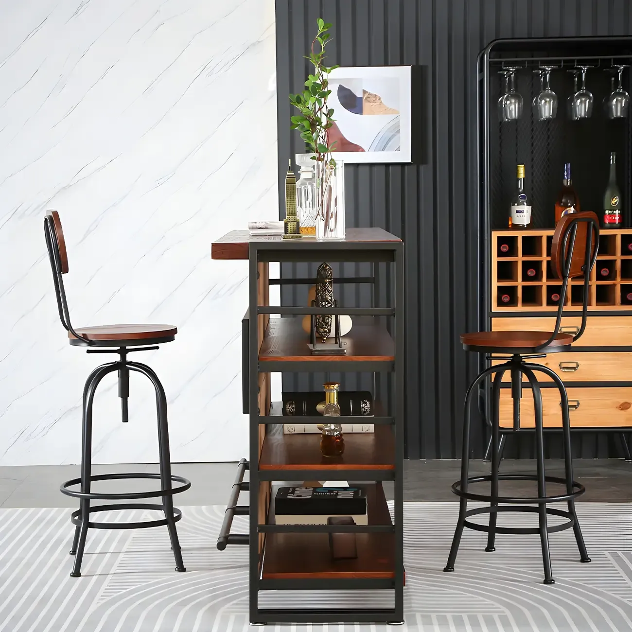 Industrial Brown Wooden Metal Shelf Storage Bar Tables Image - 4