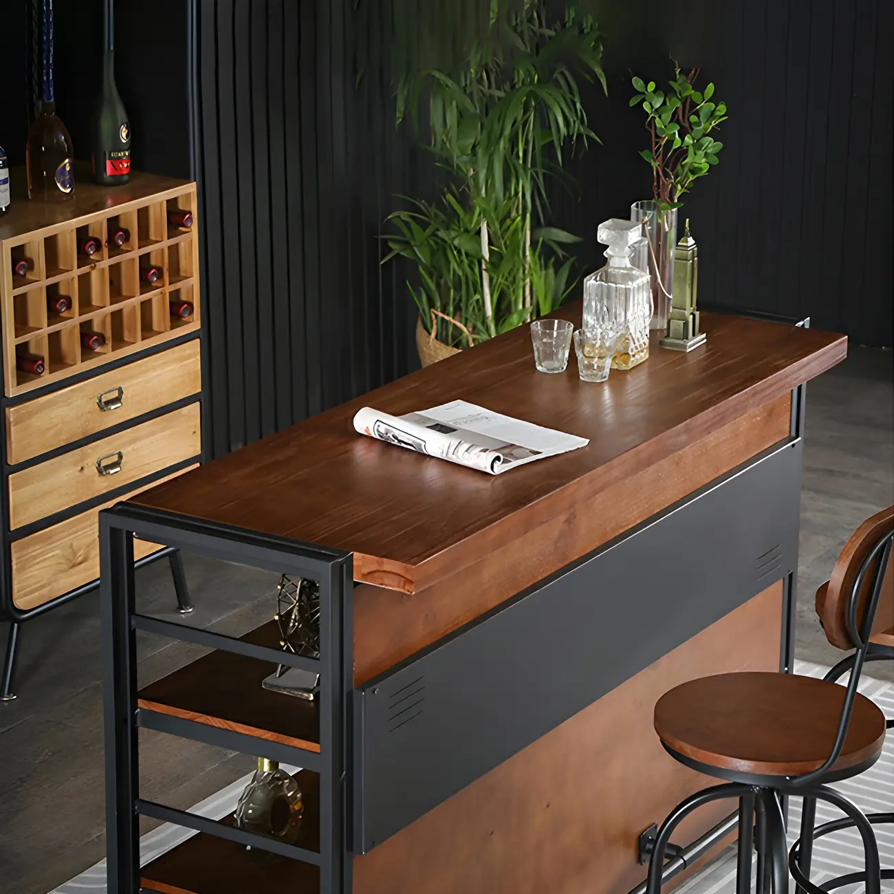 Industrial Brown Wooden Metal Shelf Storage Bar Tables Image - 5 | homeyfad