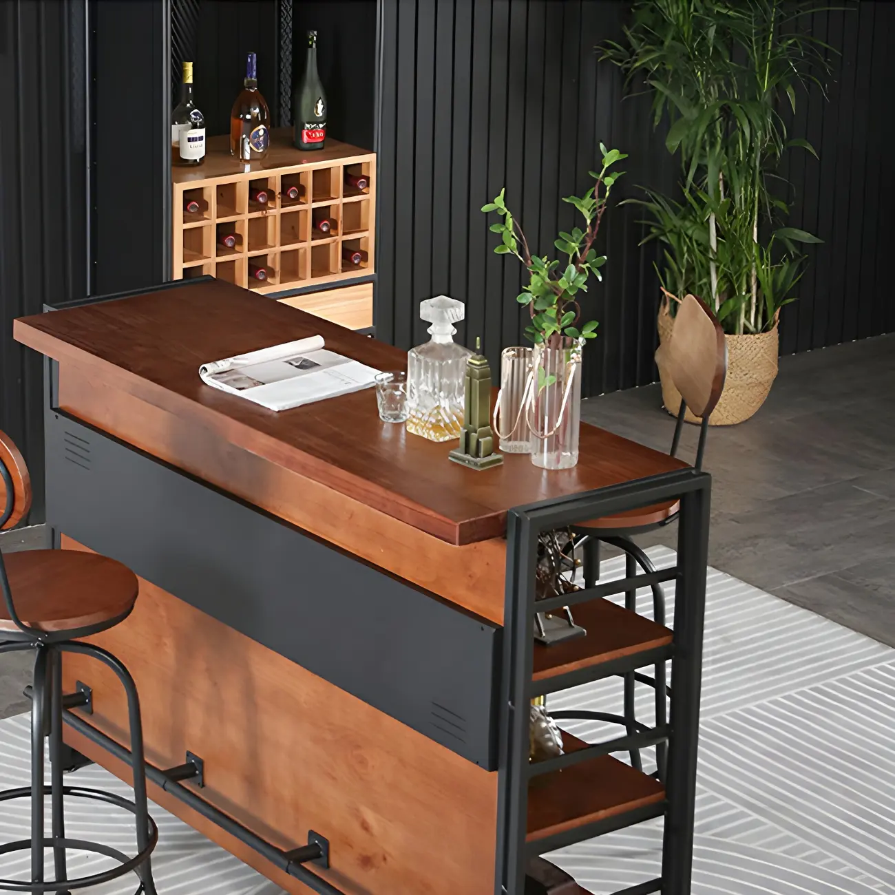 Industrial Brown Wooden Metal Shelf Storage Bar Tables Image - 8 | homeyfad