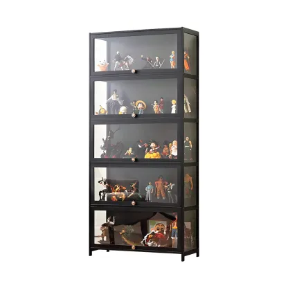 Rectangular Black Bamboo Wood Display Cabinet with Doors Image - 10