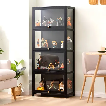 Rectangular Black Bamboo Wood Display Cabinet with Doors Image - 19