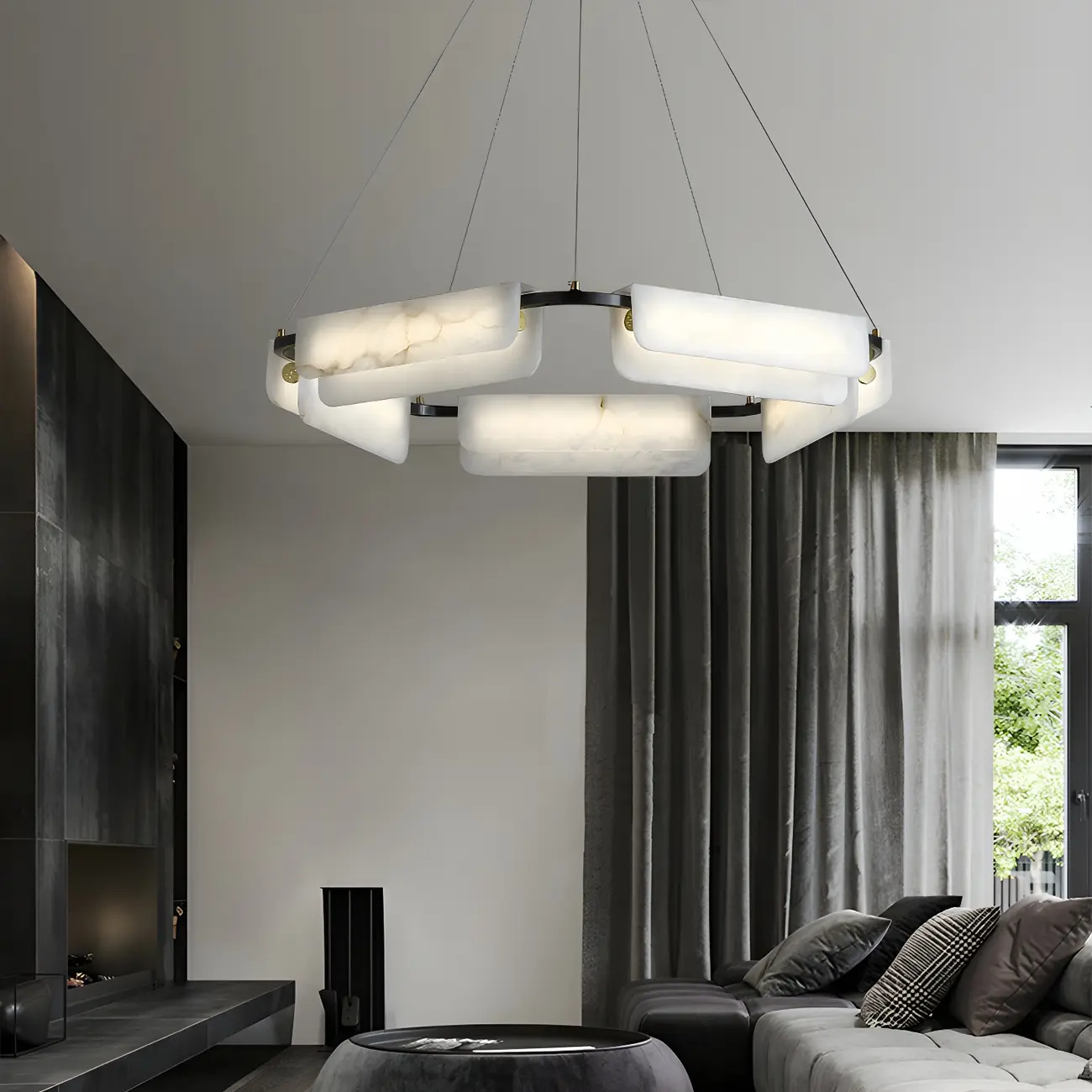 Black Living Room Circular Modern Alabaster Chandelier Image - 1 | homeyfad