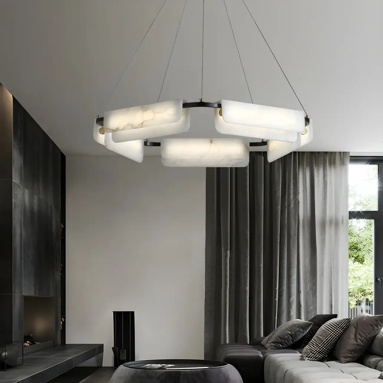 Black Living Room Circular Modern Alabaster Chandelier Image - 1