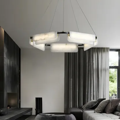 Black Living Room Circular Modern Alabaster Chandelier Image - 1