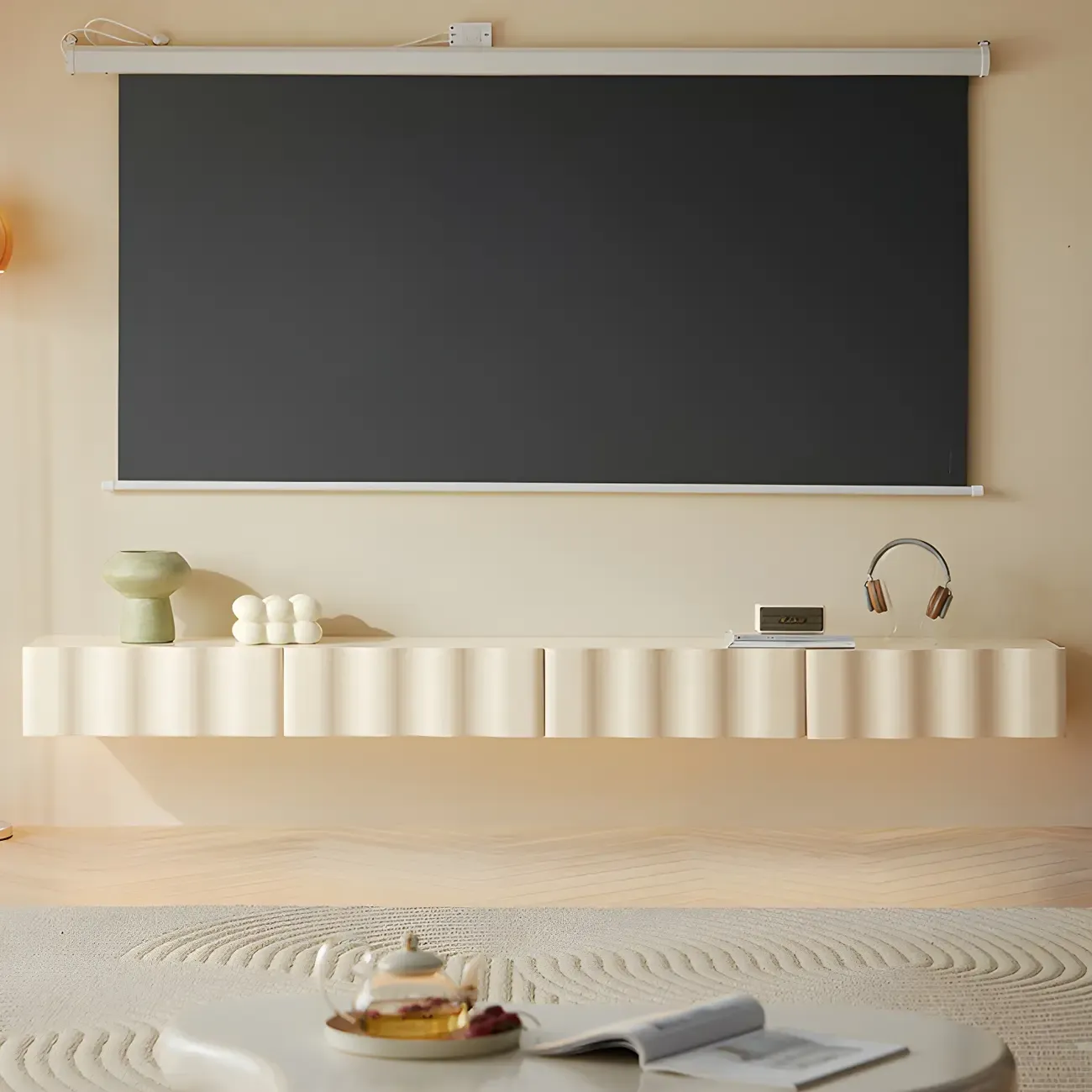 Contemporary White Wood Floating Wave TV Stand with Drawers