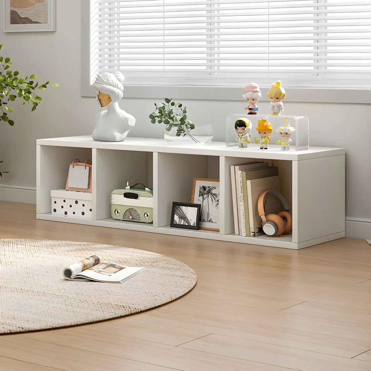 Minimalist Horizontal White Wood Open Cube Bookcase Image - 1 | homeyfad