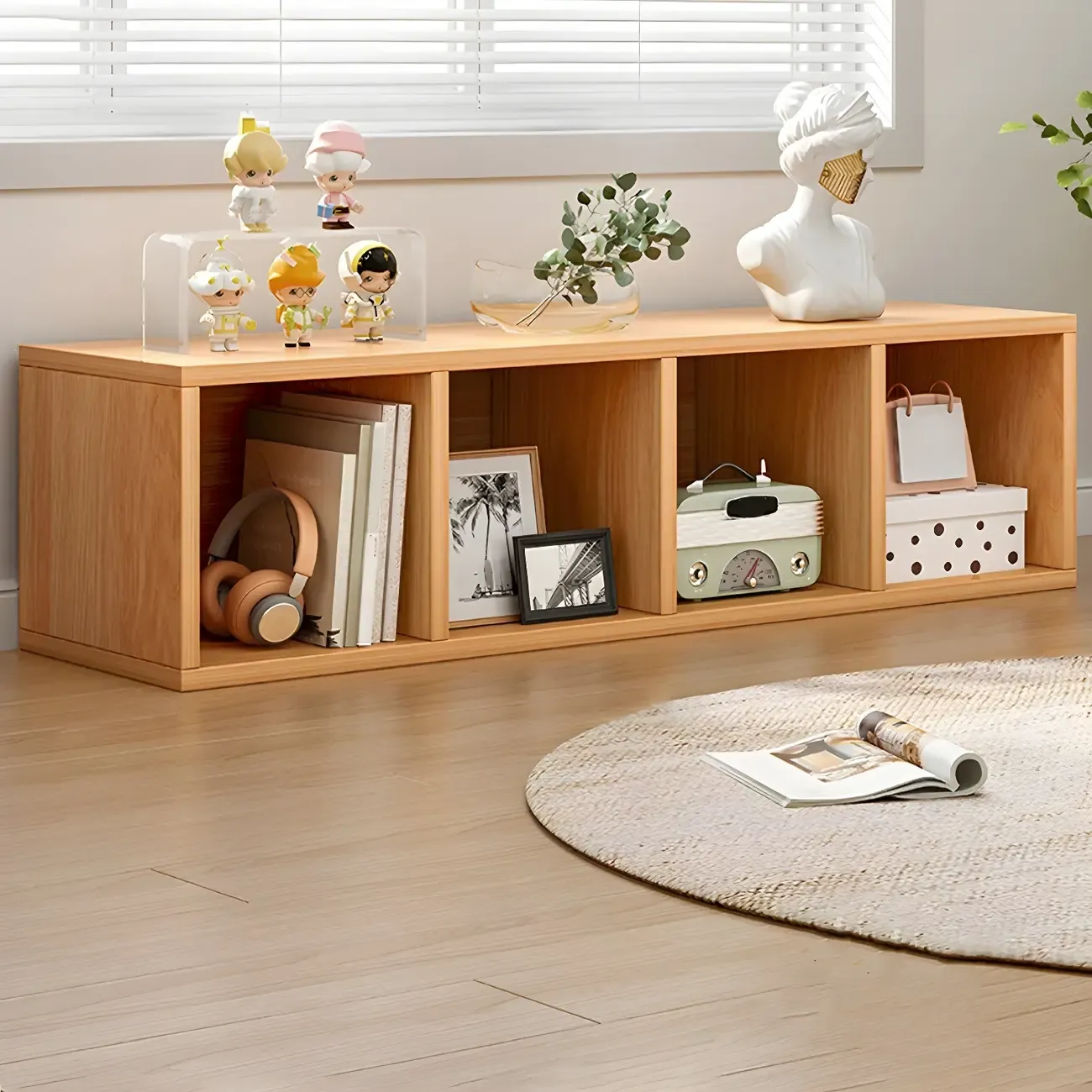 Minimalist Horizontal White Wood Open Cube Bookcase Image - 3