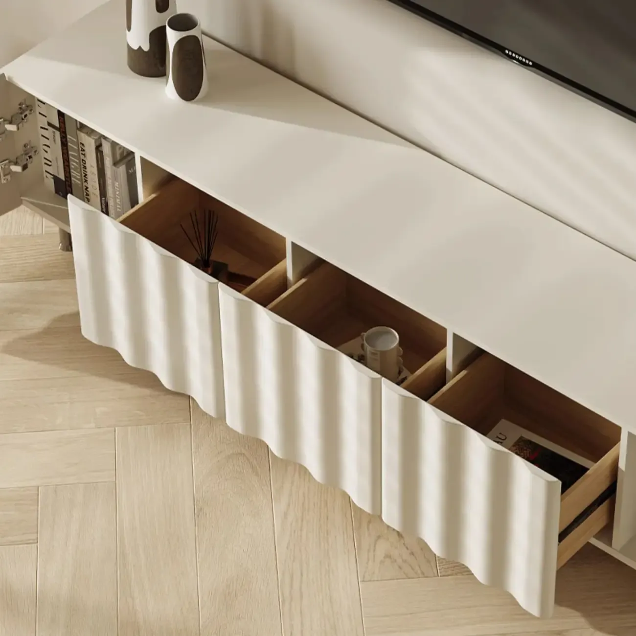 Elegant White Wooden TV Stand with Metal Legs for Living Room Image - 7