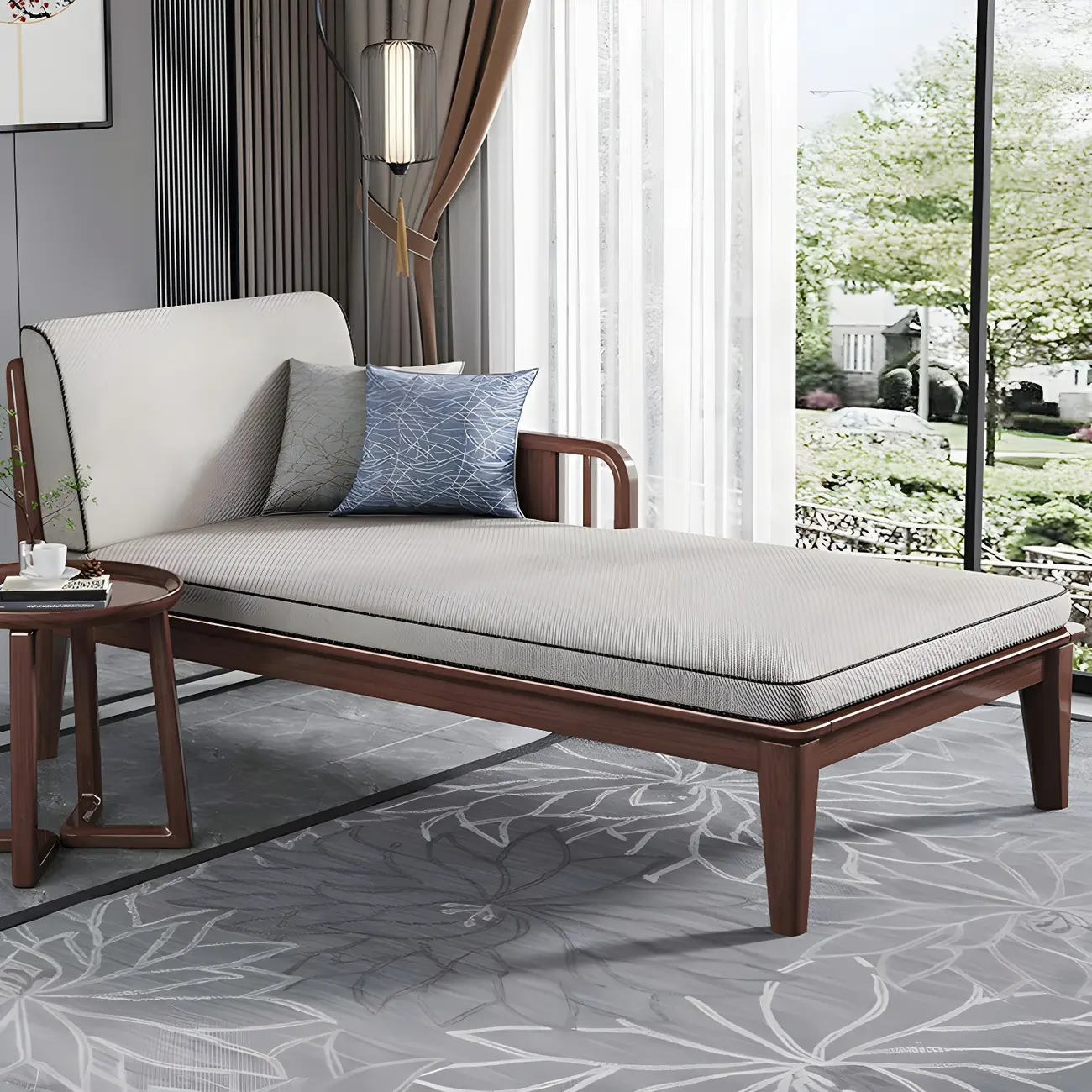 Traditional Natural Wood Upholstered Chaise Lounge with Arms Image - 1 | homeyfad