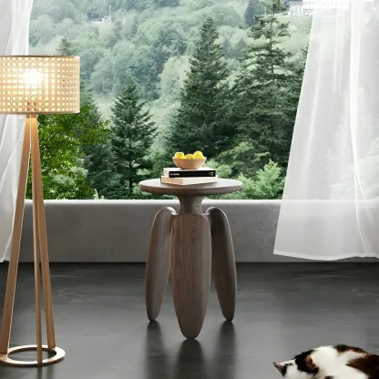 Natural Ash Wood Round Living Room Side Table Three Legs Image - 2