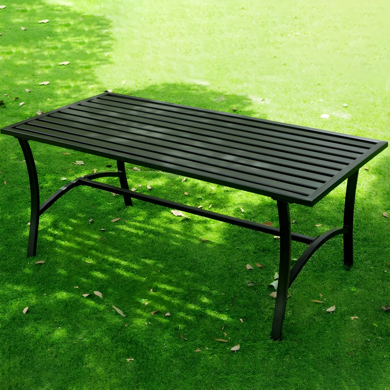 Metal Slatted Black Rectangle Trestle Outdoor Dining Table Image - 1 | homeyfad