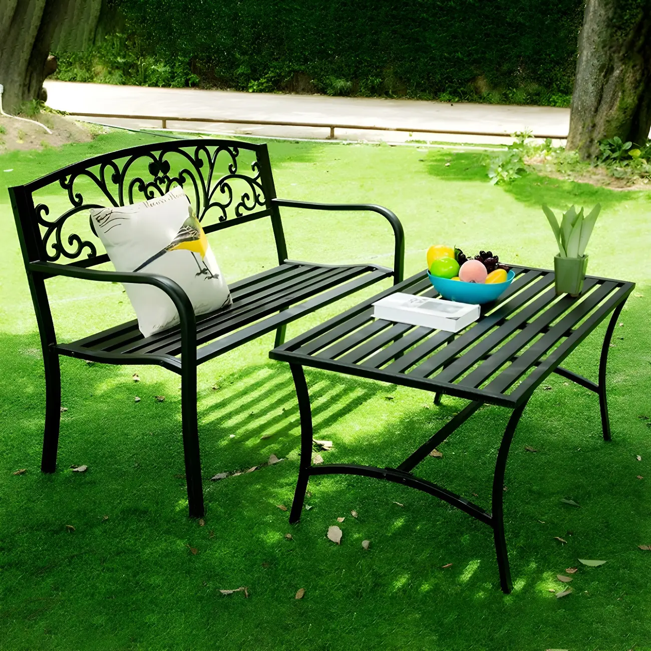 Metal Slatted Black Rectangle Trestle Outdoor Dining Table Image - 2 | homeyfad