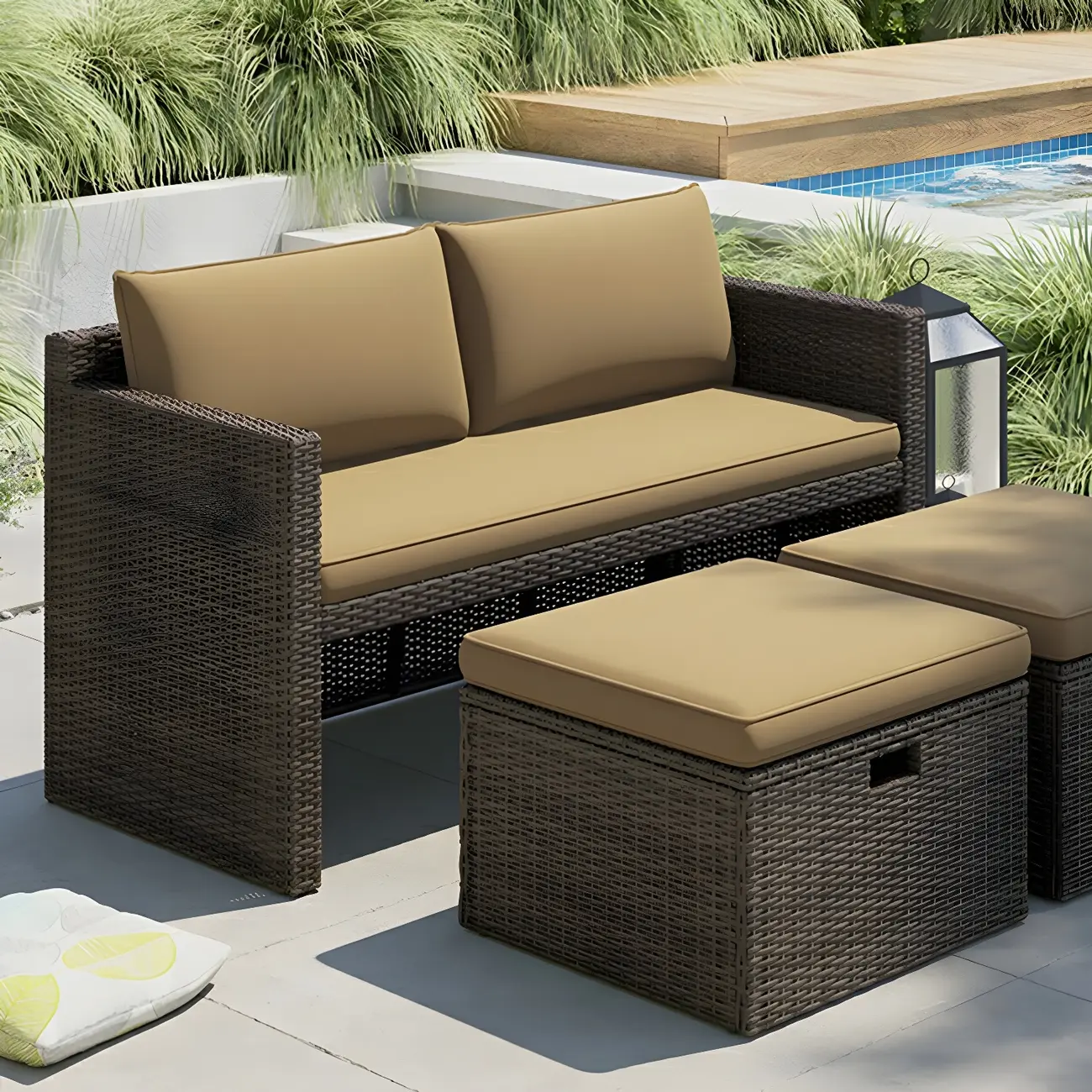 Modern Modular Gray Wicker Patio Loveseat with Cushions Image - 1 | homeyfad