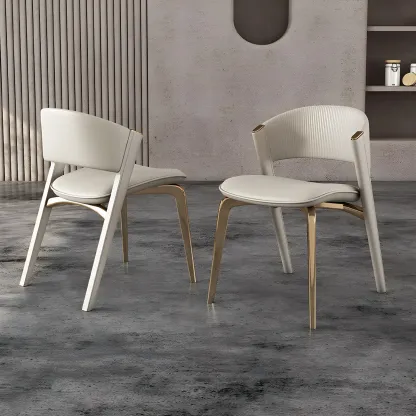 Off-White Faux Leather Brass Legs Dining Chair Image - 4