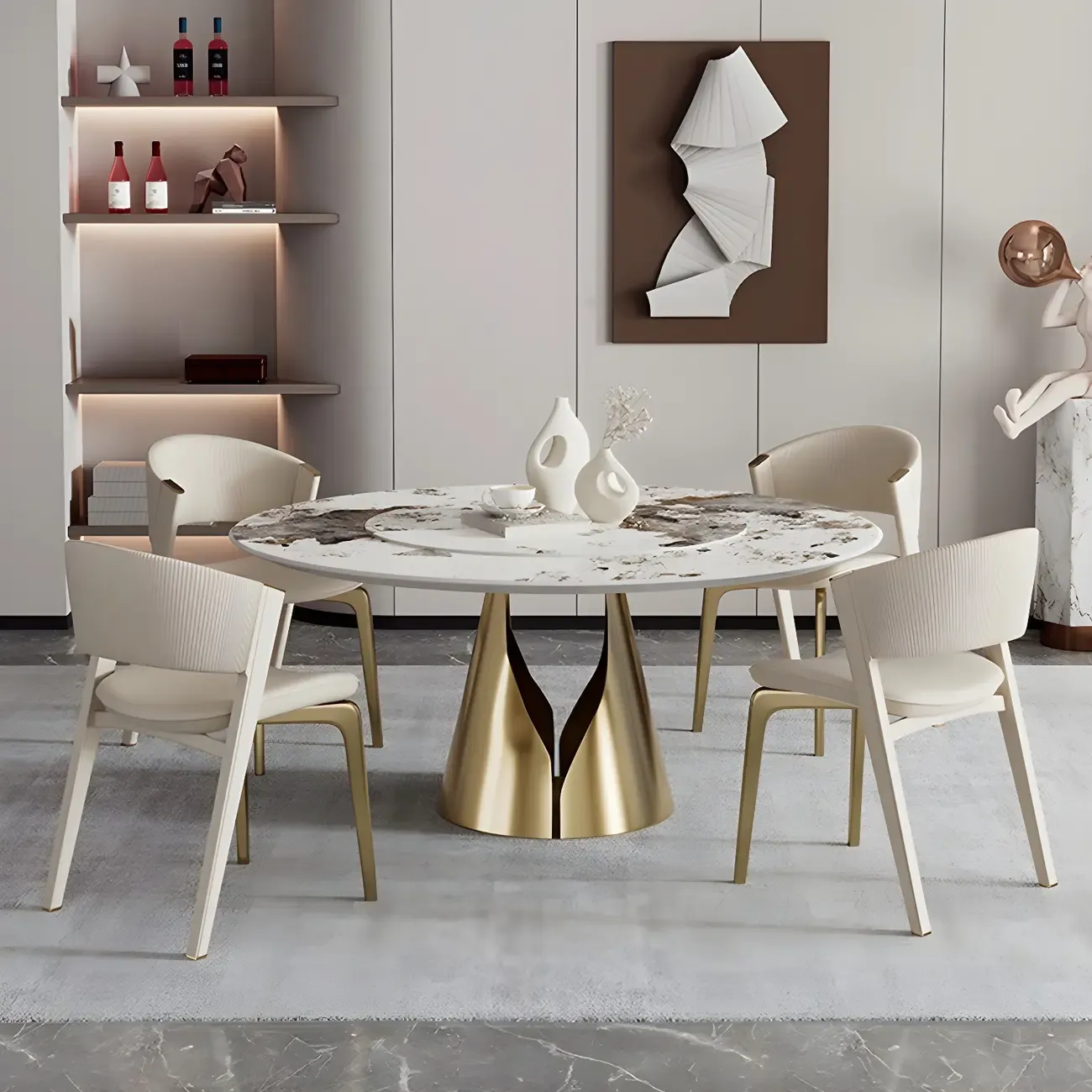 Off-White Faux Leather Brass Legs Dining Chair Image - 6