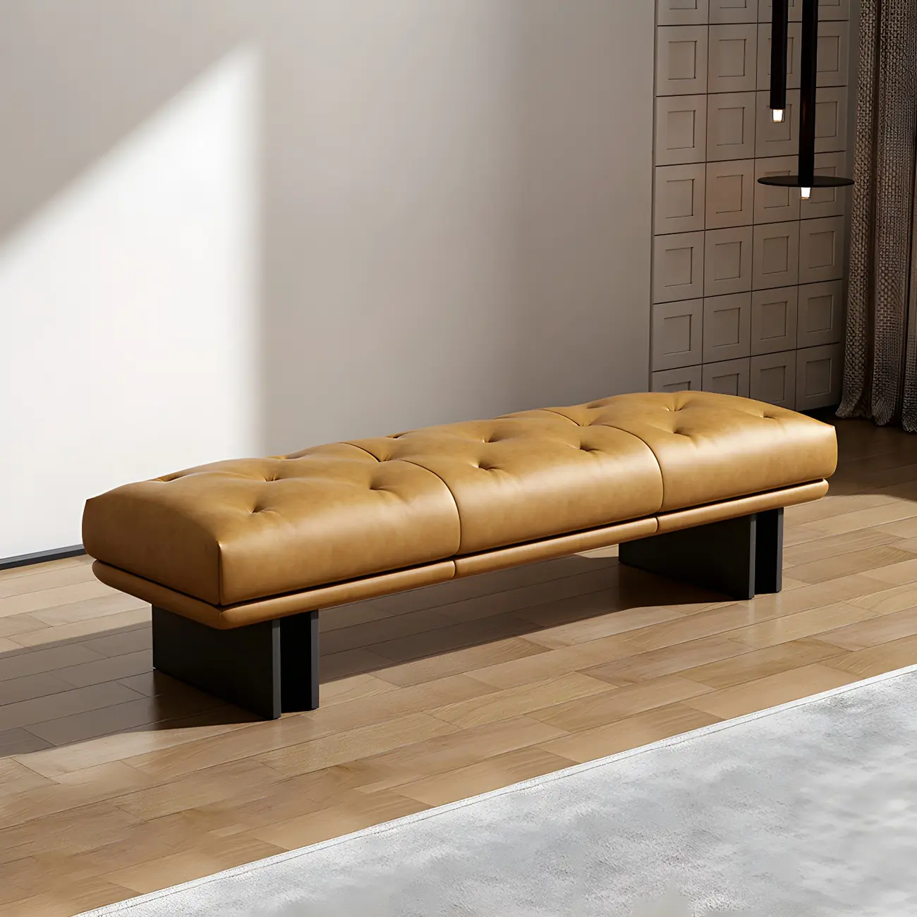 Minimalist Tufted Black Genuine Leather Bedroom Bench Image - 1 | homeyfad