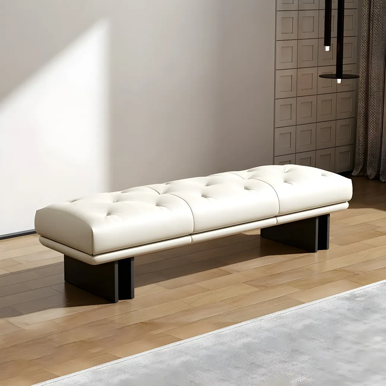 Minimalist Tufted Black Genuine Leather Bedroom Bench Image - 4