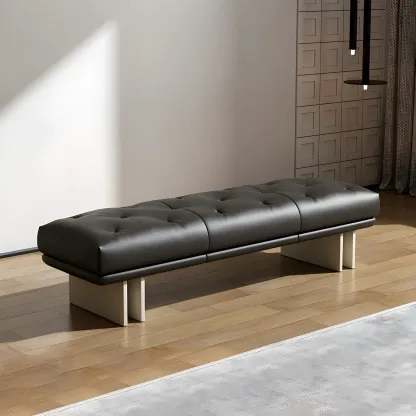 Minimalist Tufted Black Genuine Leather Bedroom Bench Image - 5