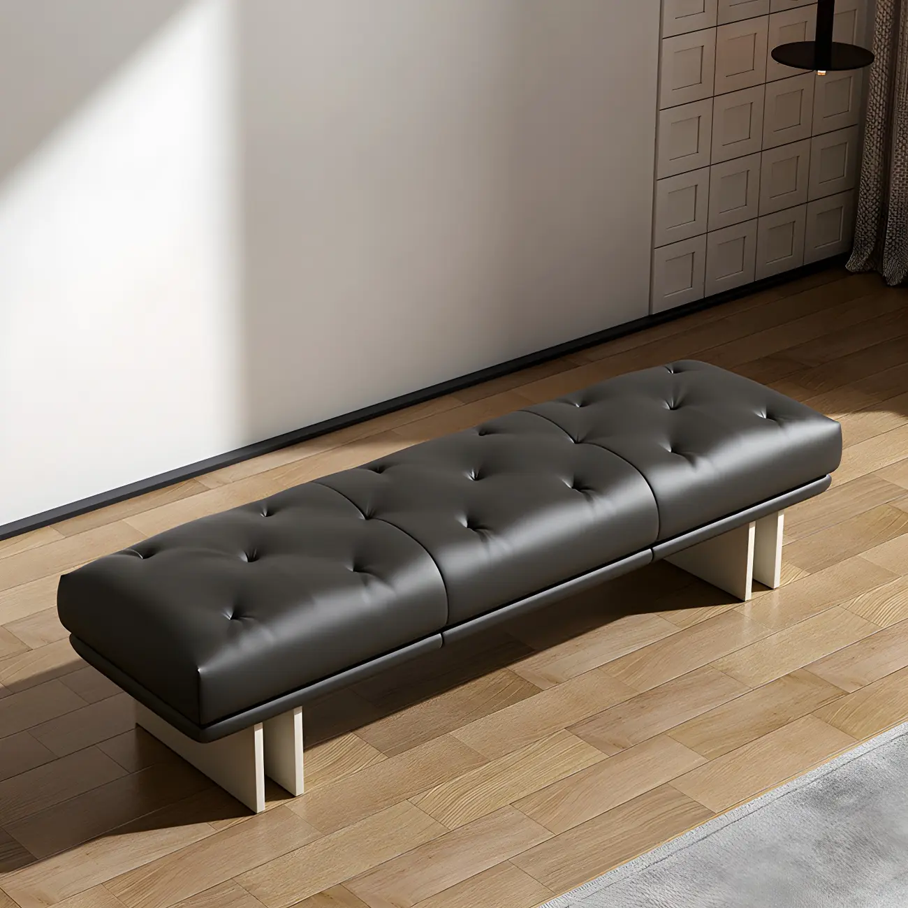 Minimalist Tufted Black Genuine Leather Bedroom Bench Image - 6 | homeyfad