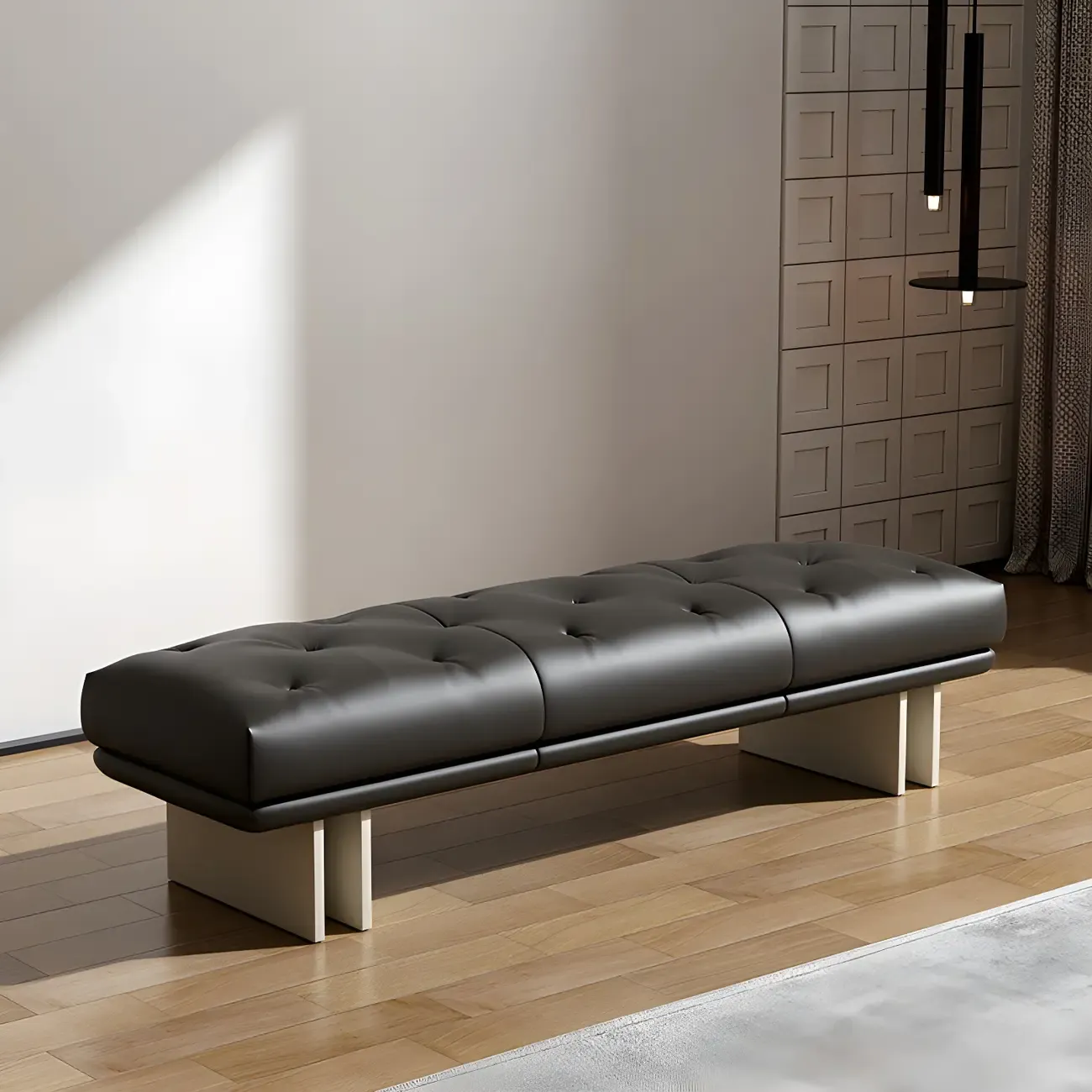 Minimalist Tufted Black Genuine Leather Bedroom Bench Image - 7