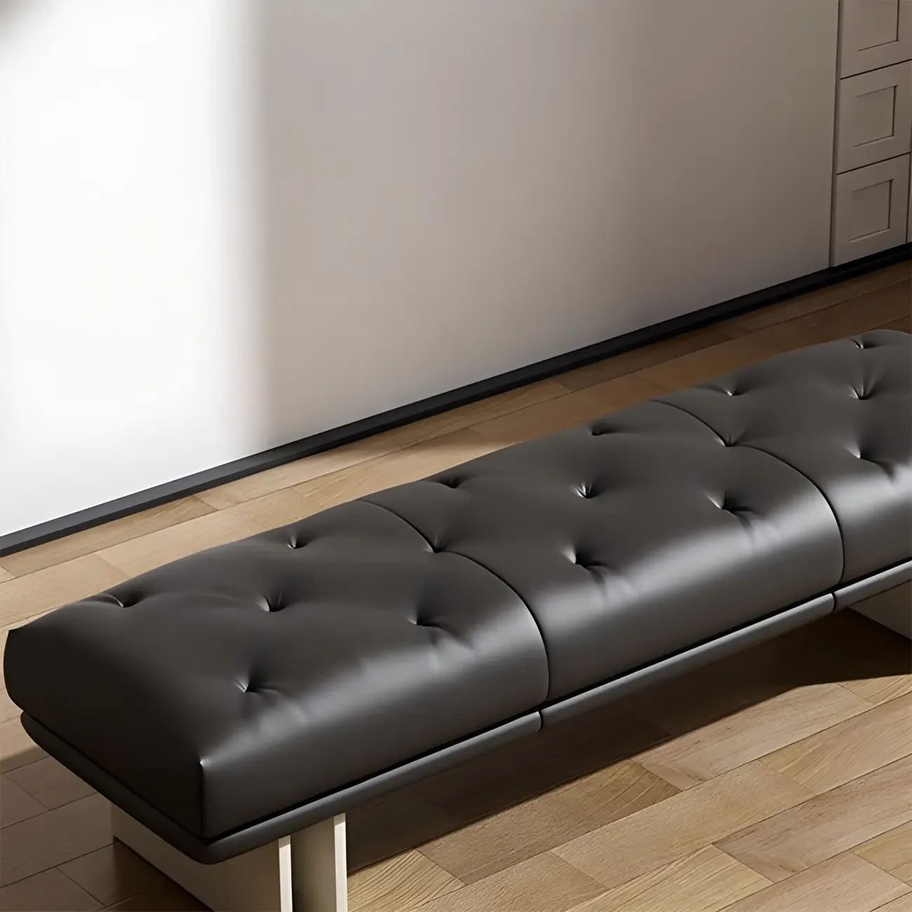 Minimalist Tufted Black Genuine Leather Bedroom Bench Image - 9