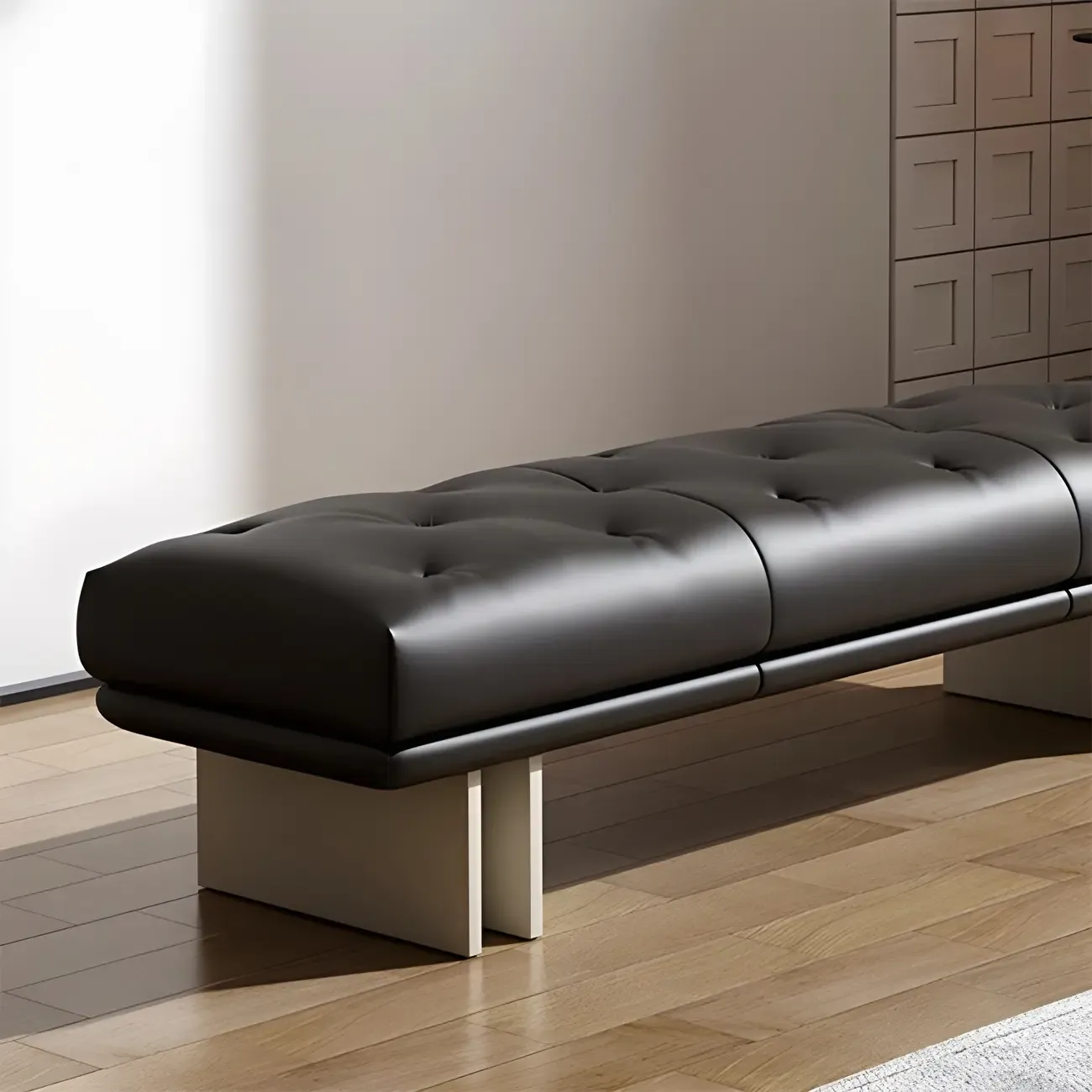 Minimalist Tufted Black Genuine Leather Bedroom Bench #size