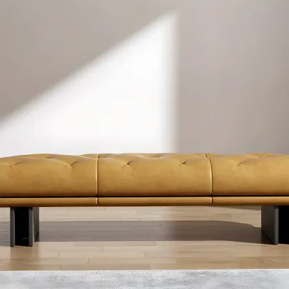 Minimalist Tufted Black Genuine Leather Bedroom Bench Image - 11