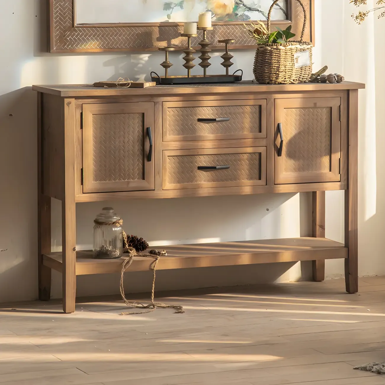 Rustic Brown Wood Entryway Console Table with Drawers Image - 3