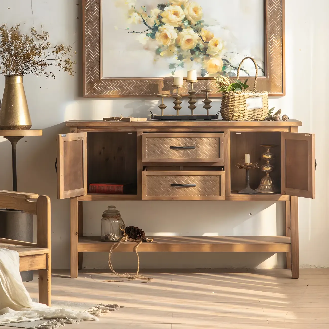 Rustic Brown Wood Entryway Console Table with Drawers Image - 5