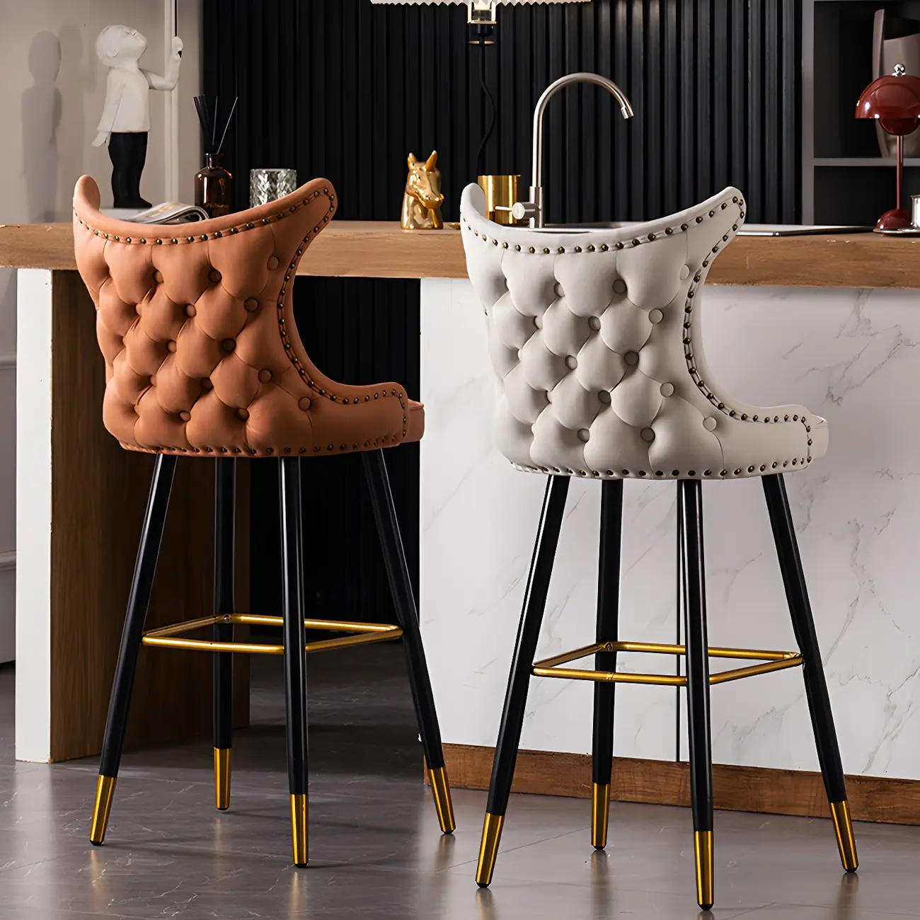 Glam Velvet Upholstered Low Back Bar Stools Set of 2 Image - 1 | homeyfad