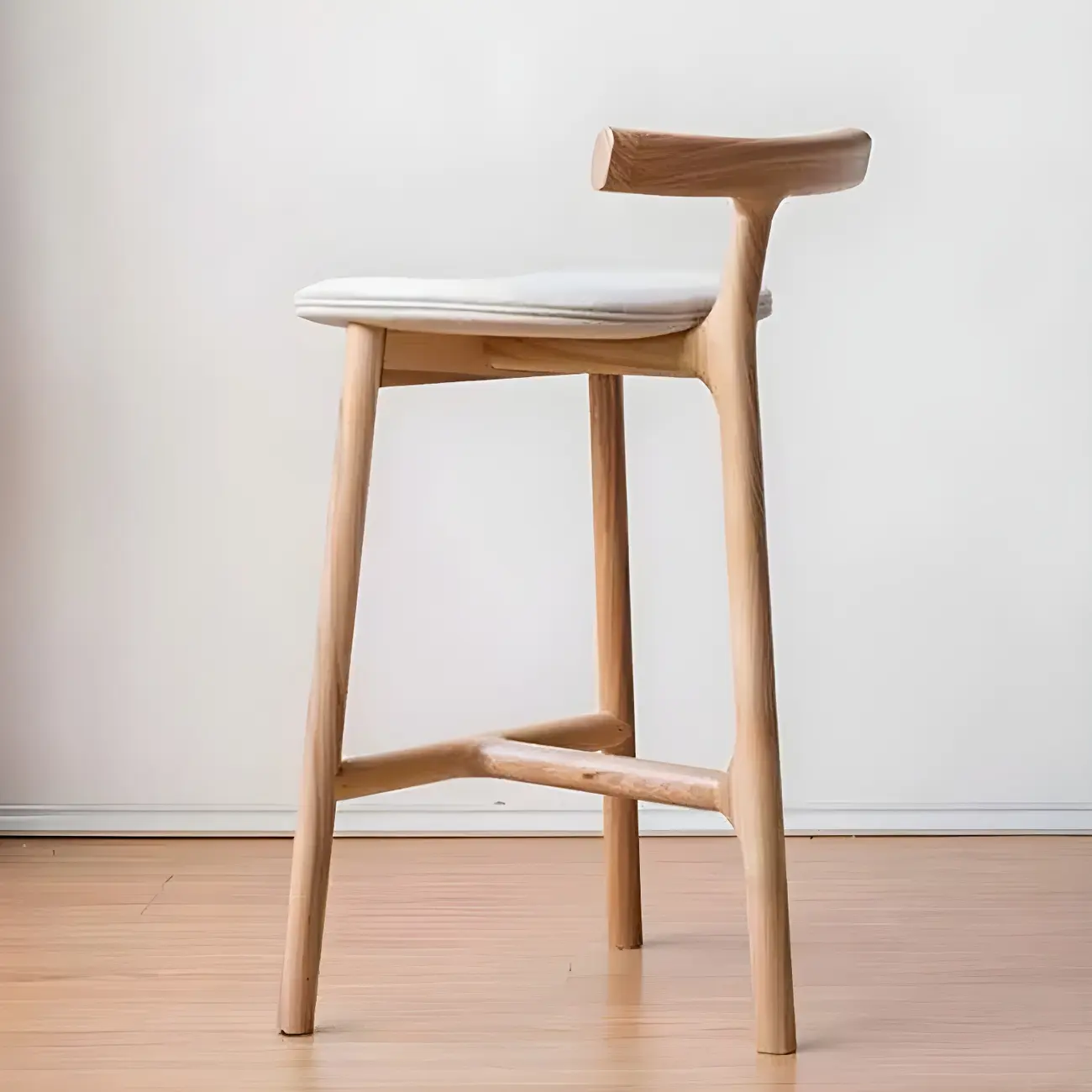 Natural Tripod Ash Wood Fabric Armless Bar Stool Image - 4 | homeyfad