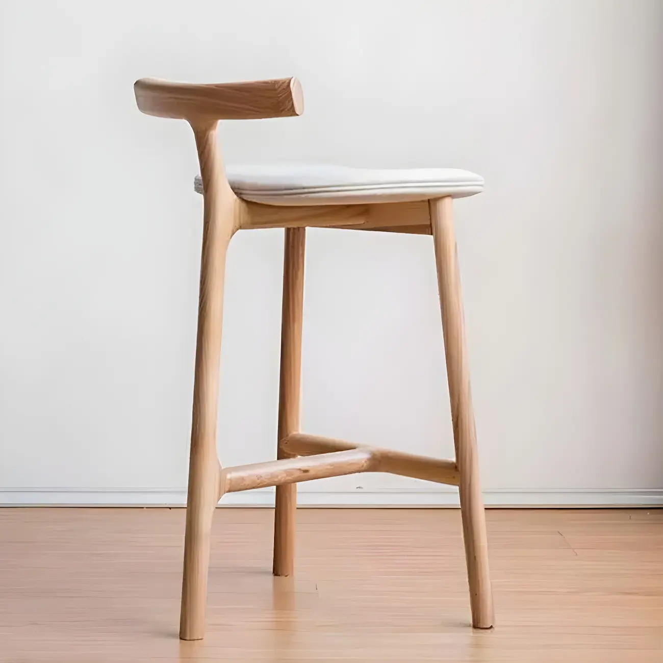 Natural Tripod Ash Wood Fabric Armless Bar Stool Image - 7 | homeyfad