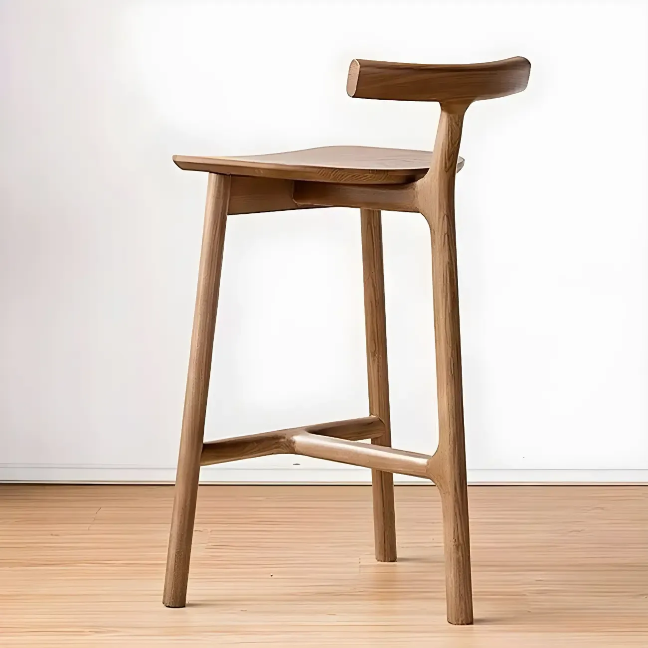 Natural Tripod Ash Wood Fabric Armless Bar Stool Image - 3